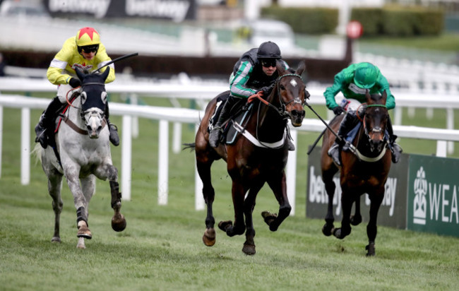 Nico de Boinville on Altior wins the Betway Queen Mother Champion Chase ahead of Harry Cobden on Politologue and Daryl Jacob on Sceau Royal