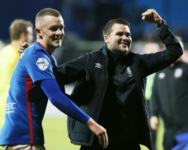 Michael O'Connor and David Healy celebrate after the match