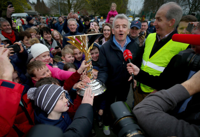 Michael O'Leary with the 2019 Randox Health Aintree Grand National trophy