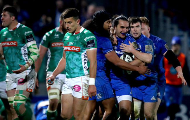 James Lowe celebrates scoring a try with Joe Tomane and Luke McGrath