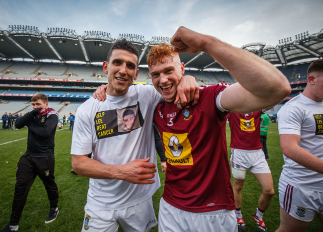 Denis Corroon and Ronan Wallace celebrate after the game