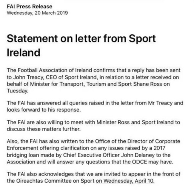 fai statement 20 march
