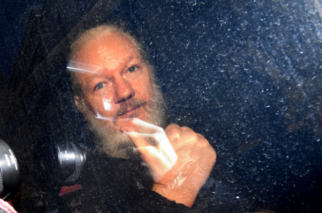 Assange arrives at Westminster Magistrates' Court in London.