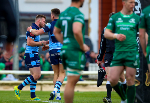 Owen Lane celebrates scoring a try