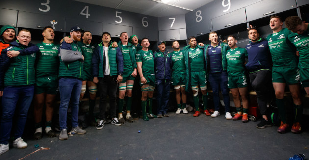 The team sing 'The Fields of Athenry' in the dressing room after the game
