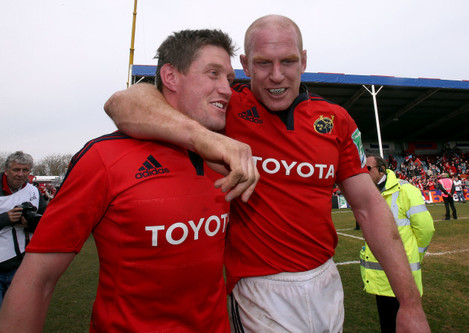 Ronan O'Gara and Paul O'Connell celebrate