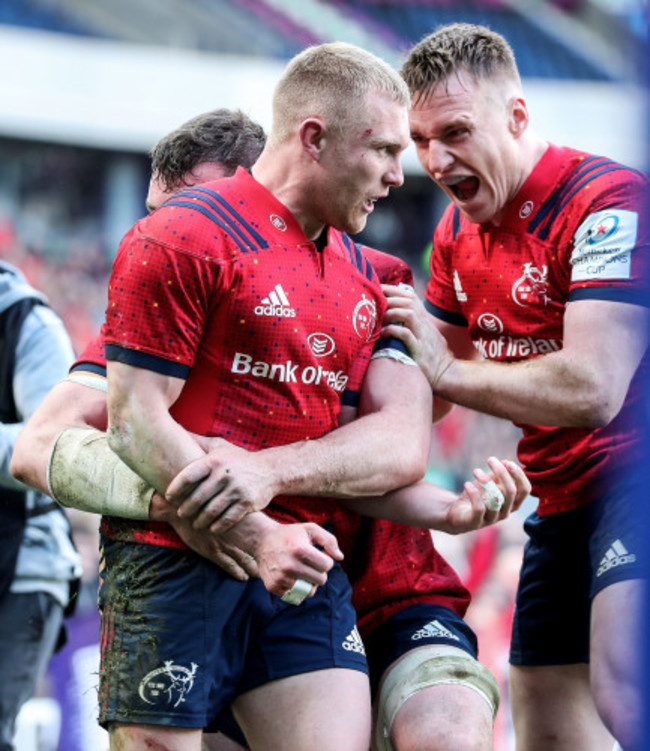 Keith Earls celebrates his second try with Peter O'Mahony and Rory Scannell