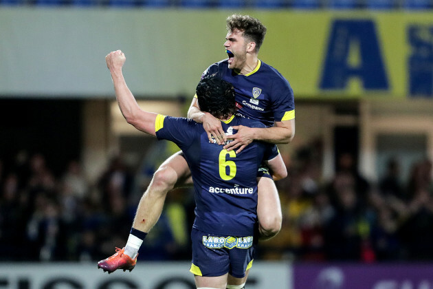 Damian Penaud celebrates at the final whistle with Arthur Iturria