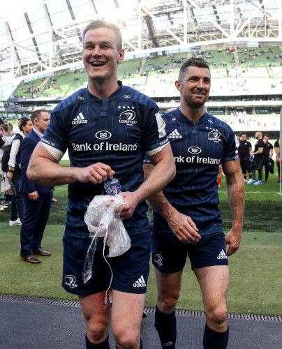 Johnny Sexton and Rob Kearney celebrate after the game