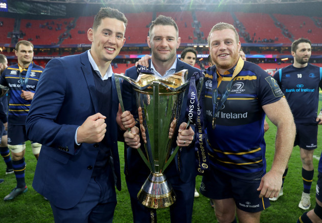 Noel Reid, Fergus McFadden and Sean Cronin celebrate with the European Rugby Champions Cup trophy