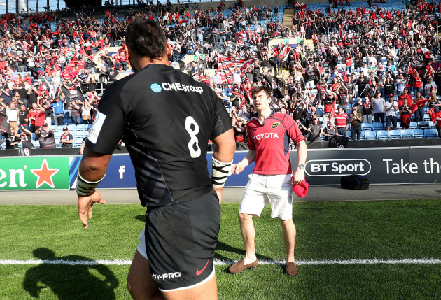 Billy Vunipola is confronted by a Munster fan after the game