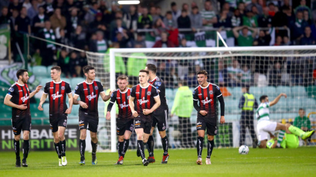 Bohs players celebrate after Dinny Corcoran scored his sides opening goal