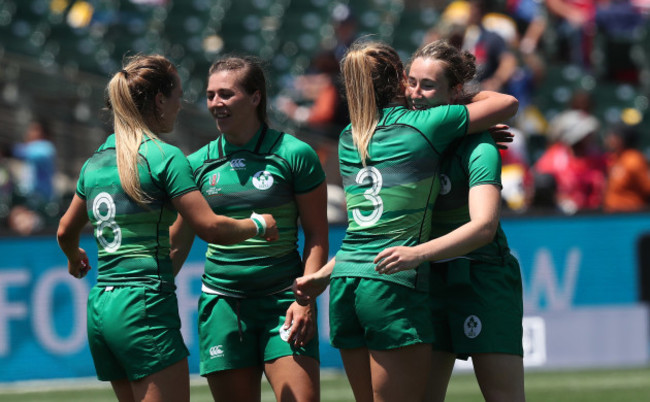 Ireland&rsquo;s Aoife Doyle Stacey Flood and Eve Higgins celebrate at the end of the game