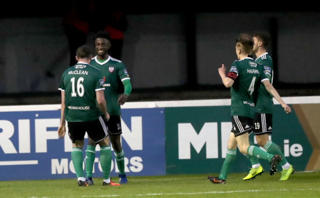 Patrick McClean celebrates with Junior Ogedi-Uzokwe after he scored his sides third goal