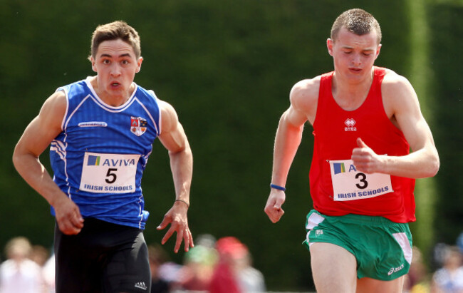 Marcus Lawlor on the way to winning the Intermediate Boys 100M final