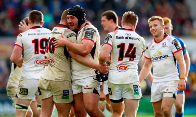 Tom O'Toole celebrates at the final whistle with Adam McBurney