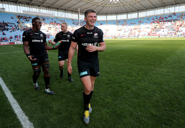 Owen Farrell, Maro Itoje and Vincent Koch celebrate after the game