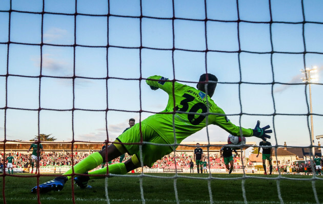 Gavin Bazunu saves a penalty from Kieran Sadlier