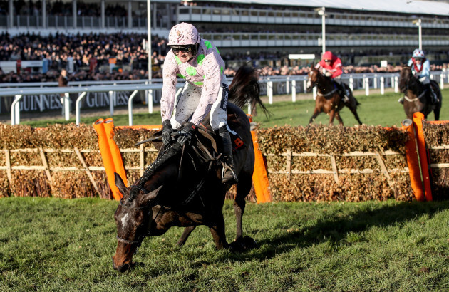 Ruby Walsh falls during the coverage of OLBG Mares Hedge from Benie Des Gods