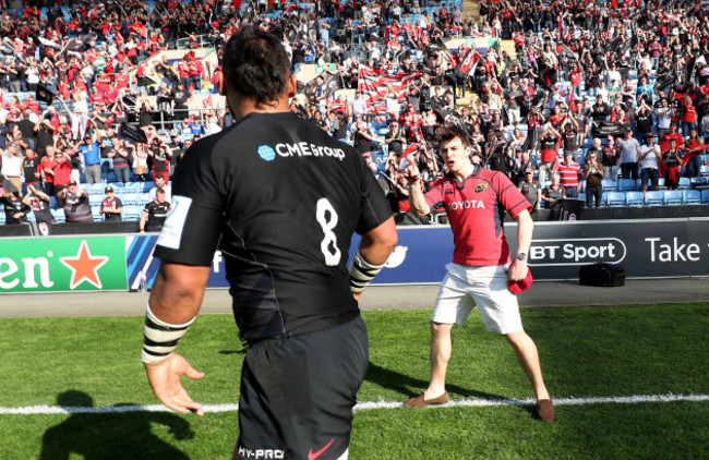 Billy Vunipola is confronted by a Munster fan after the game