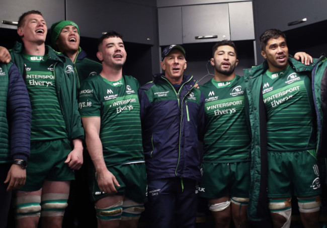 Gavin Thornbury, Cillian Gallagher, Paul Boyle, Head Coach Andy Friend, Colby Fainga’a and Jarrad Butler celebrate