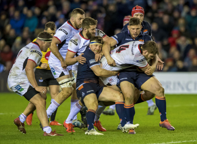 Hamish Watson and Ross Ford tackle Iain Henderson