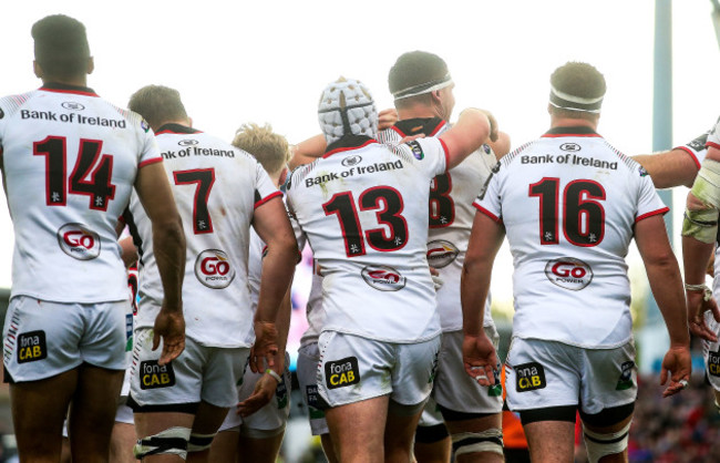 Marcell Coetzee celebrates scoring a try with teammates