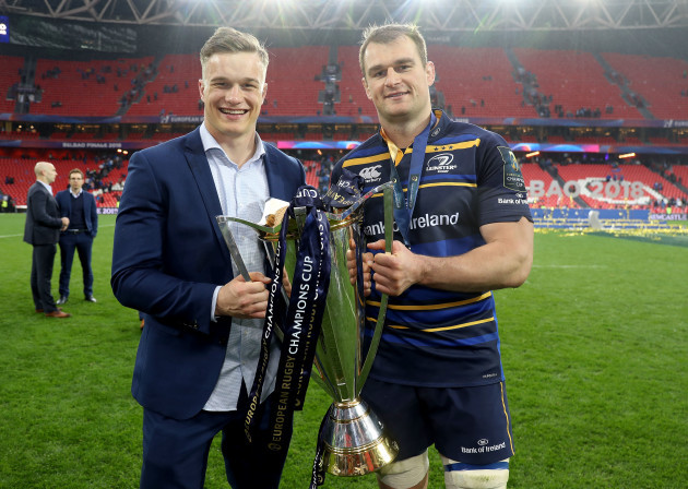 Josh van der Flier and Rhys Ruddock celebrate with the European Rugby Champions Cup trophy
