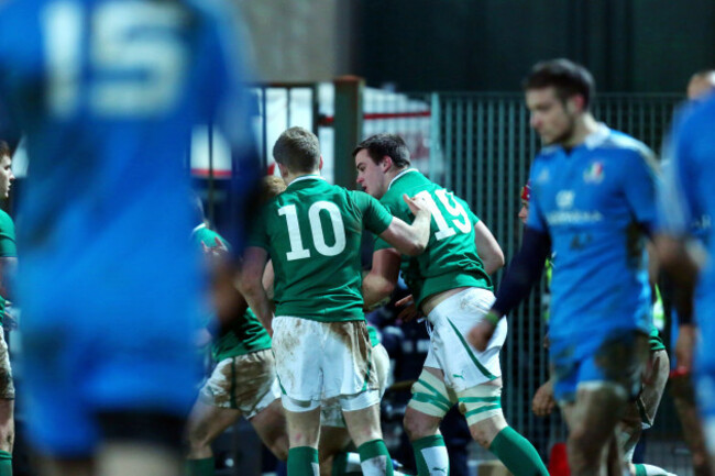 Jerry Sexton celebrates a try with Steve Crosbie