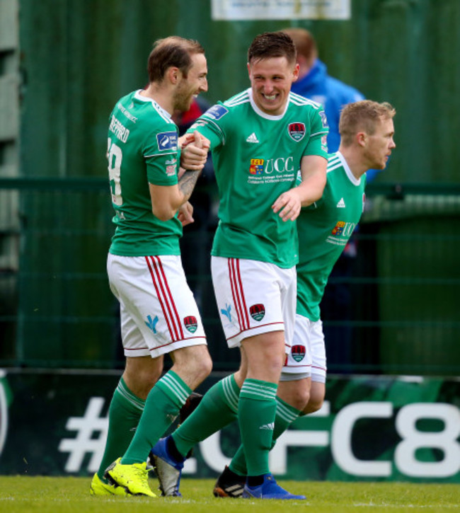 Karl Sheppard celebrates a goal with Dan Casey