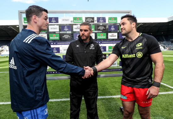 Johnny Sexton and Brad Barritt at the coin toss with Jerome Garces