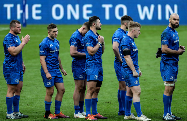 Jack McGrath, Jordan Larmour, Robbie Henshaw, James Tracy and Scott Fardy dejected after the game