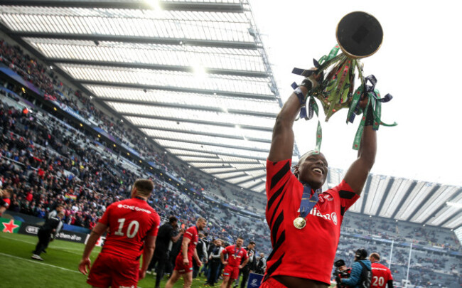 Maro Itoje celebrates after the game