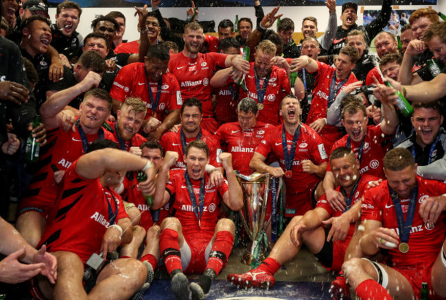 Saracens celebrate in the dressing room after the game