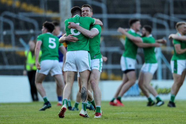 Iain Corbett celebrates at the final whistle with Stephen Keeley