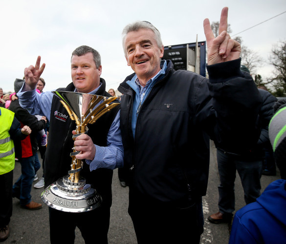 Gordon Elliott and Michael O'Leary with the 2019 Aintree Grand National trophy