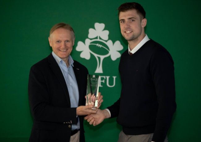 Joe Schmidt presents the AIL Div2b Rising Star Award to Brendan McSorley (MU Barnhall RFC)