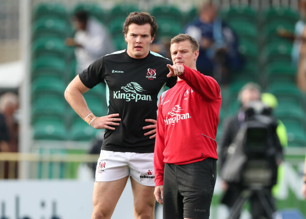 Dwayne Peel with Jacob Stockdale during the warm-up