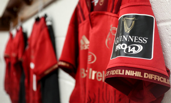 A general view a Guinness PRO14 badge on a Munster jersey