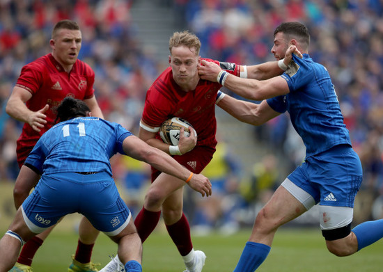 Mike Haley is tackled by James Lowe and Robbie Henshaw