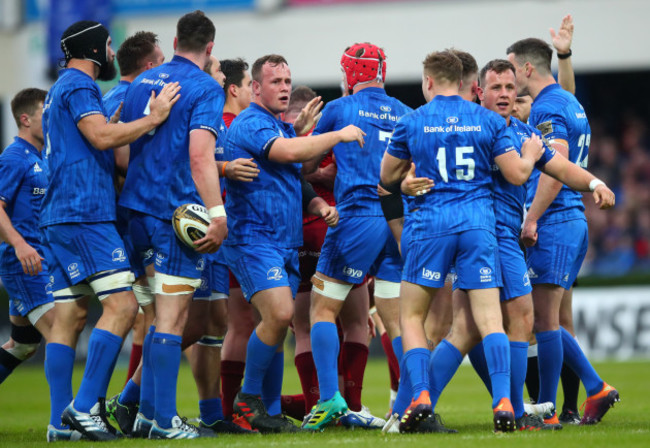 Leinster players celebrate winning a penalty