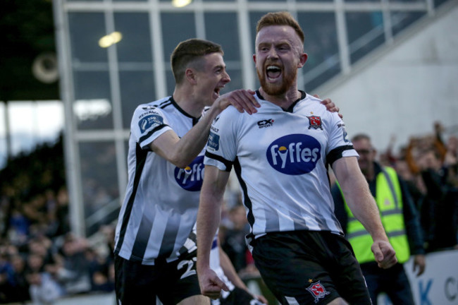 Sean Hoare celebrates scoring a goal with Daniel Kelly