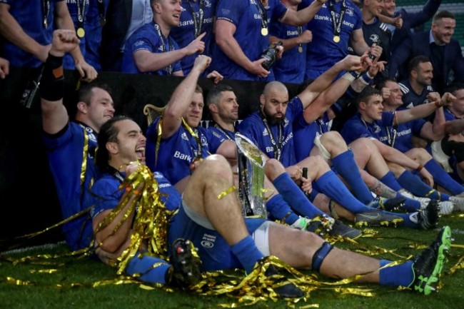 James Lowe and Cian Healy celebrate with teammates after winning the Guinness PRO14 Final