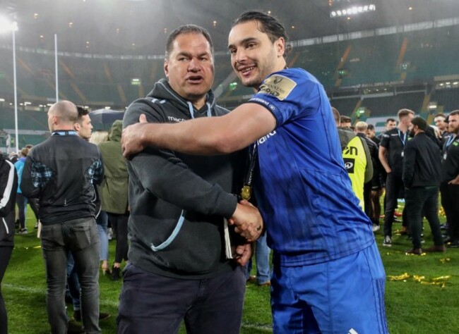 James Lowe is congratulated by Dave Rennie after winning the Guinness PRO14 Final