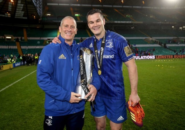 Stuart Lancaster and Johnny Sexton celebrate after winning the Guinness PRO14 Final