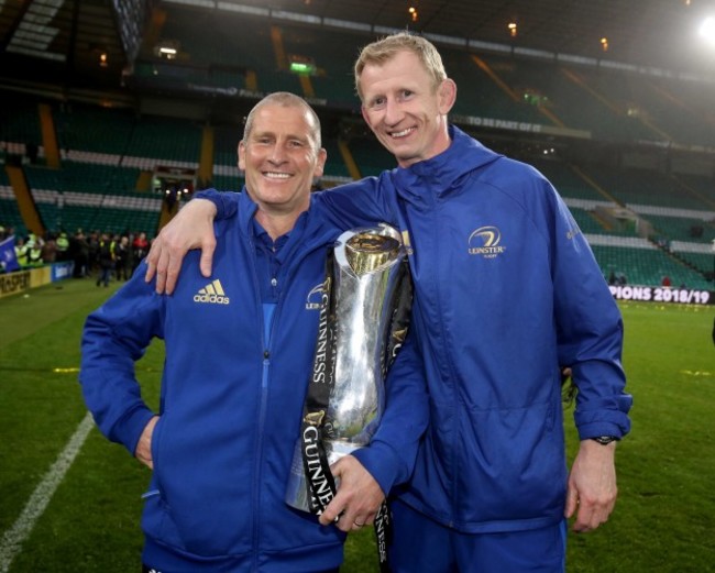 Stuart Lancaster and Leo Cullen celebrate after winning the Guinness PRO14 Final