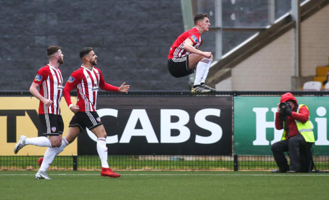 Eoin Toal celebrates scoring their first goal with teammates