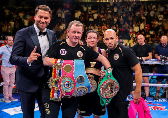 Eddie Hearn, Brian Peters, Katie Taylor and Ross Enamait  celebrate after the fight