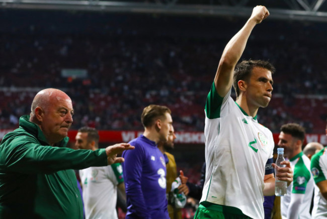 Seamus Coleman celebrates after the game