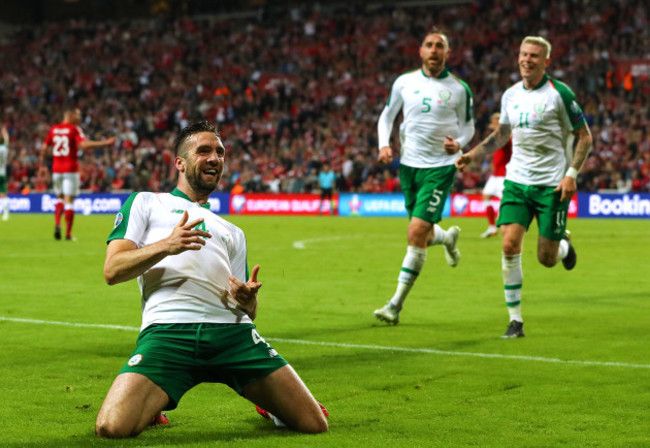 Shane Duffy celebrates scoring their first goal